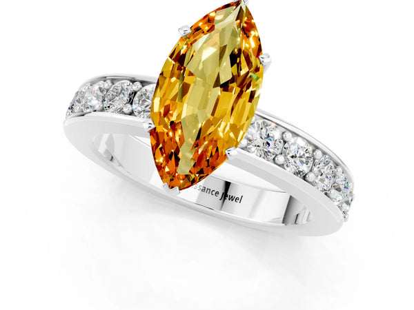 Silver Marquise Cut Citrine Engagement Ring with Channel Set Round  Band and Prong Setting
