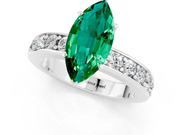 Platinum Marquise Cut Emerald Engagement Ring with Channel Set Round  Band and Prong Setting