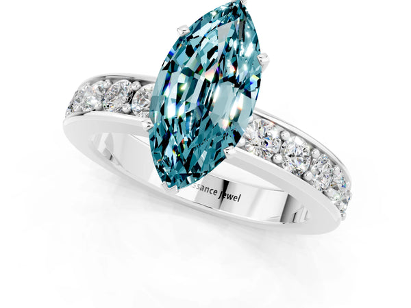 White gold Marquise Cut Blue Topaz Engagement Ring with Channel Set Round  Band and Prong Setting