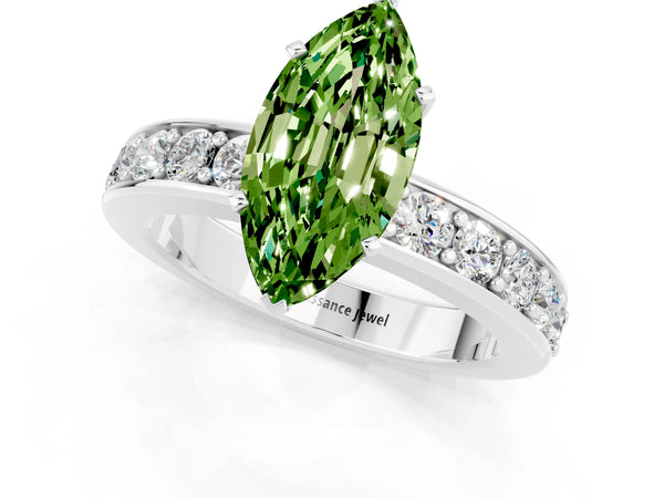 Platinum Marquise Cut Peridot Engagement Ring with Channel Set Round  Band and Prong Setting