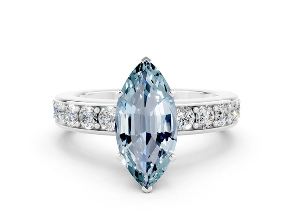 White gold Marquise Cut Aquamarine Engagement Ring with Channel Set Round  Band and Prong Setting