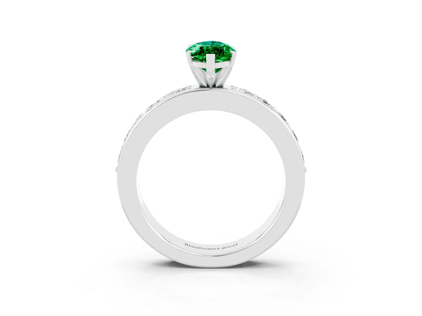 Platinum Marquise Cut Emerald Engagement Ring with Channel Set Round  Band and Prong Setting
