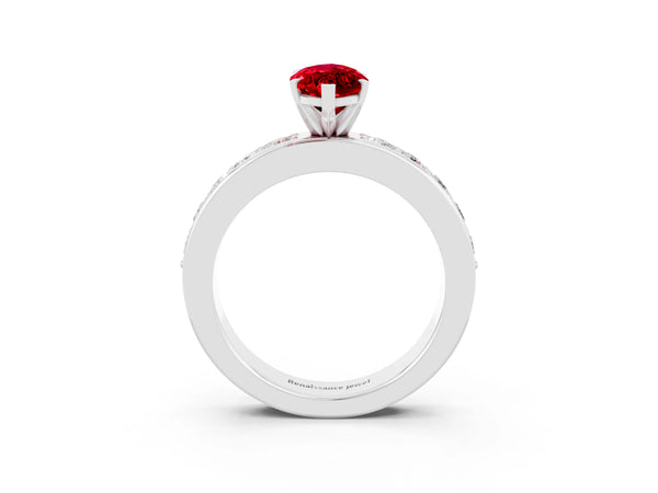 Platinum Marquise Cut Ruby Engagement Ring with Channel Set Round  Band and Prong Setting