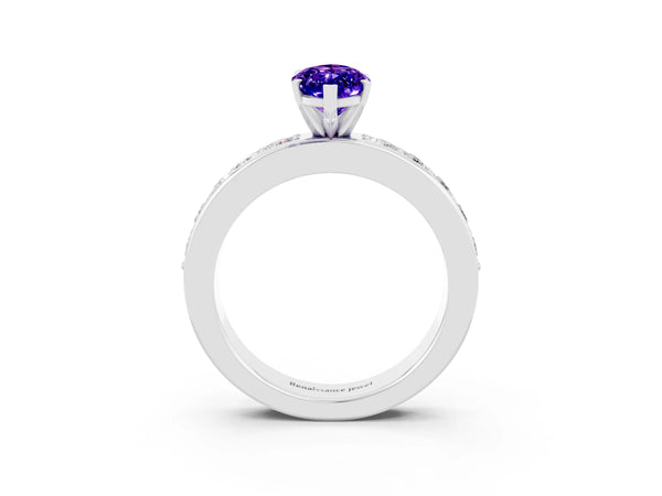 Silver Marquise Cut Tanzanite Engagement Ring with Channel Set Round  Band and Prong Setting