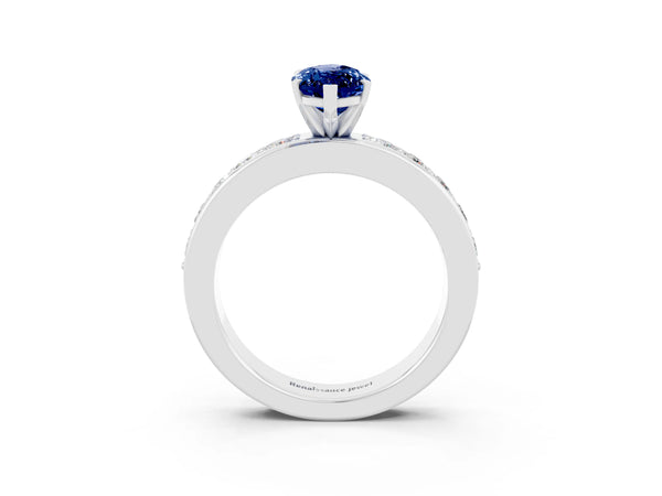 White gold Marquise Cut Blue Sapphire Engagement Ring with Channel Set Round  Band and Prong Setting