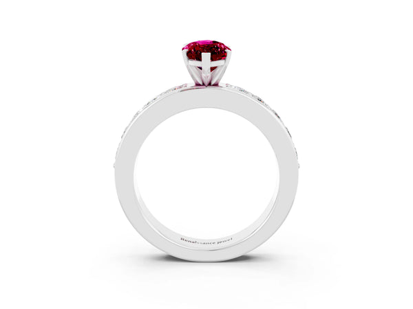 Silver Marquise Cut Garnet Engagement Ring with Channel Set Round  Band and Prong Setting