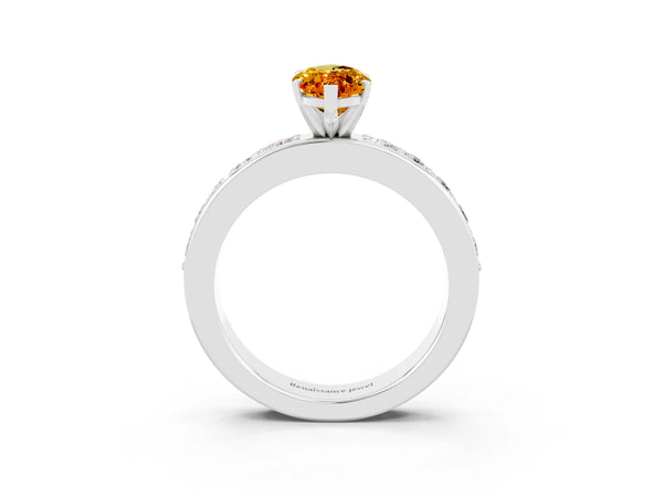 Silver Marquise Cut Citrine Engagement Ring with Channel Set Round  Band and Prong Setting