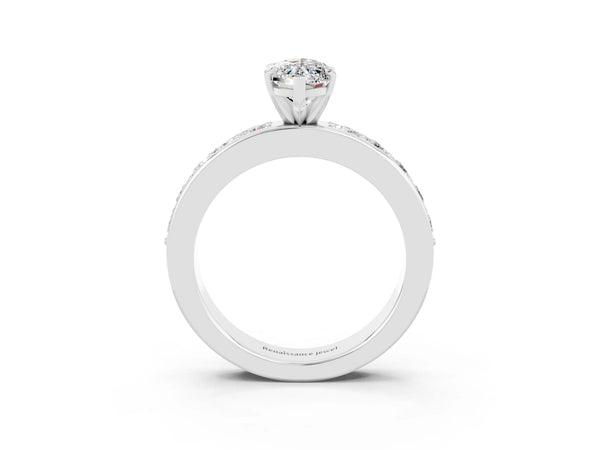 Platinum Marquise Cut Moissanite Engagement Ring with Channel Set Round  Band and Prong Setting