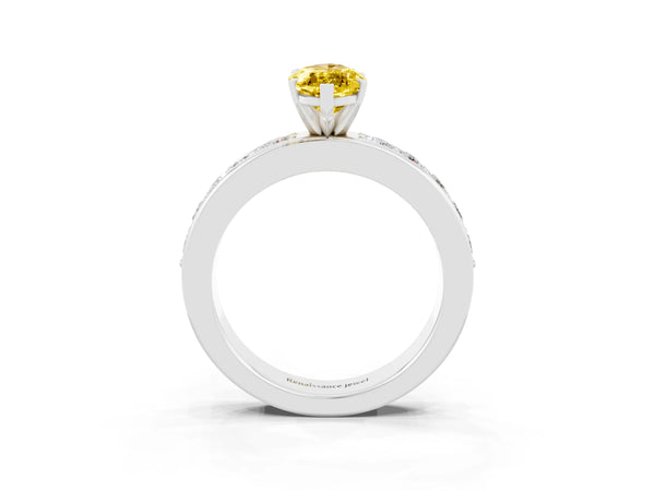 Platinum Marquise Cut Yellow Sapphire Engagement Ring with Channel Set Round  Band and Prong Setting