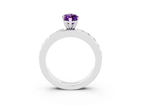 Silver Marquise Cut Amethyst Engagement Ring with Channel Set Round  Band and Prong Setting