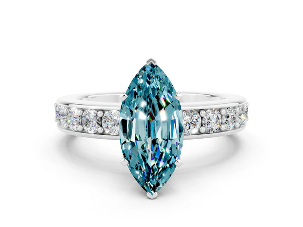 Silver Marquise Cut Blue Topaz Engagement Ring with Channel Set Round  Band and Prong Setting