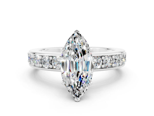 Platinum Marquise Cut Moissanite Engagement Ring with Channel Set Round  Band and Prong Setting