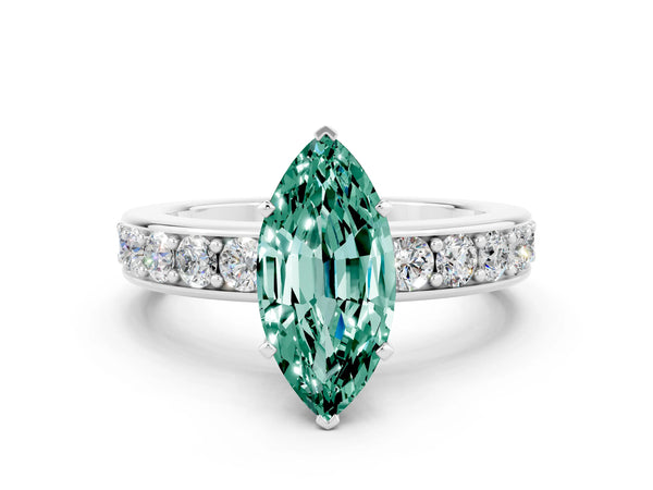 White gold Marquise Cut Green Sapphire Engagement Ring with Channel Set Round  Band and Prong Setting