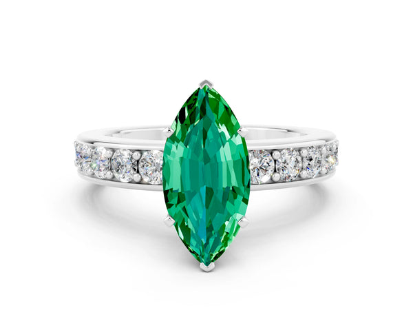 Silver Marquise Cut Emerald Engagement Ring with Channel Set Round  Band and Prong Setting