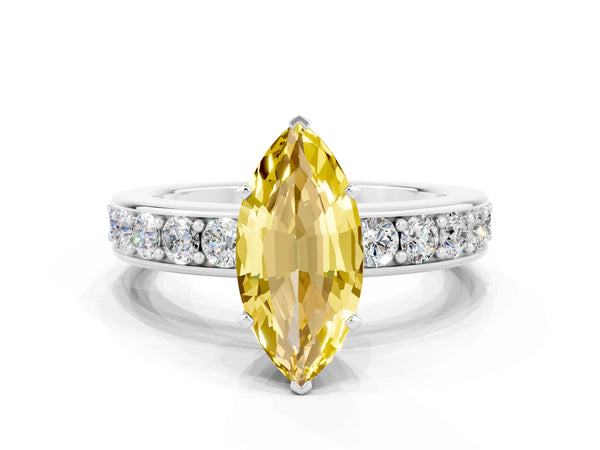 Platinum Marquise Cut Yellow Sapphire Engagement Ring with Channel Set Round  Band and Prong Setting