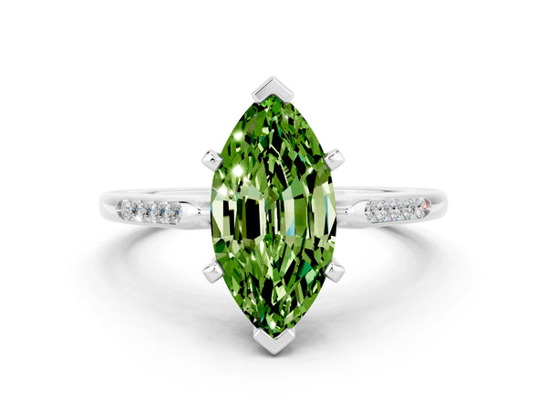 Platinum Marquise Cut Peridot Solitaire Ring with Channel Set Round Band and Prong Setting