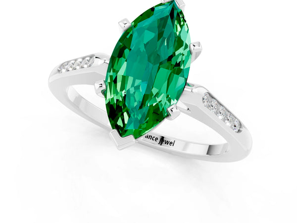 White gold Marquise Cut Emerald Solitaire Ring with Channel Set Round Band and Prong Setting
