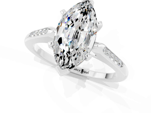 Platinum Marquise Cut Moissanite Solitaire Ring with Channel Set Round Band and Prong Setting