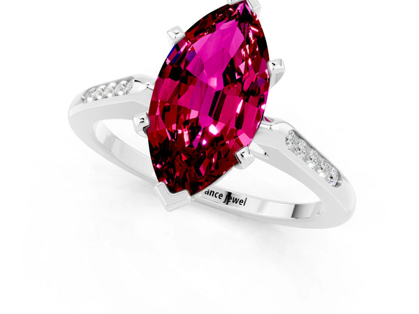 White gold Marquise Cut Garnet Solitaire Ring with Channel Set Round Band and Prong Setting