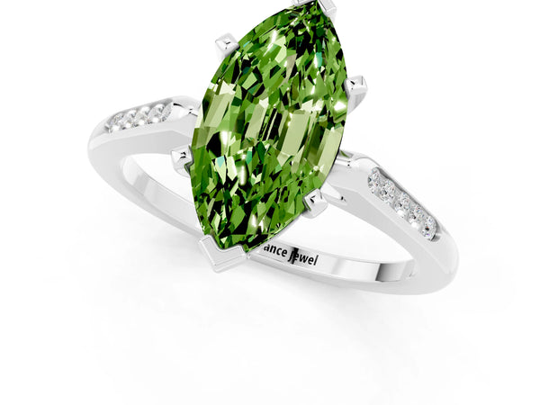 Platinum Marquise Cut Peridot Solitaire Ring with Channel Set Round Band and Prong Setting