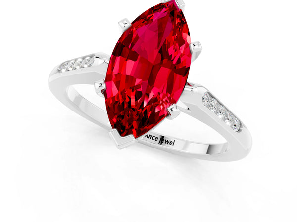 White gold Marquise Cut Ruby Solitaire Ring with Channel Set Round Band and Prong Setting