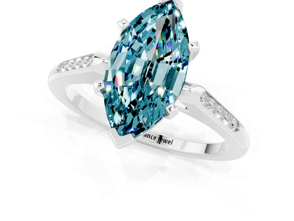 White gold Marquise Cut Blue Topaz Solitaire Ring with Channel Set Round Band and Prong Setting