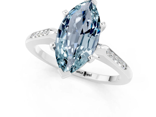 White gold Marquise Cut Aquamarine Solitaire Ring with Channel Set Round Band and Prong Setting