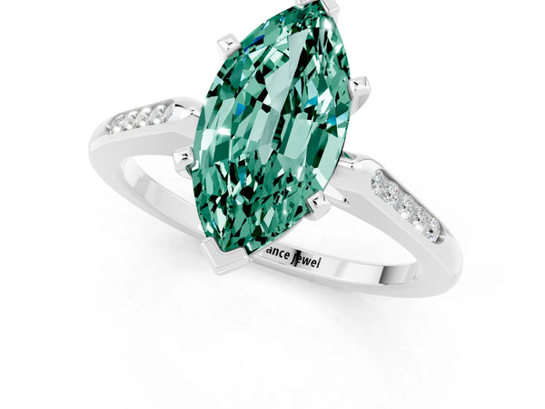 White gold Marquise Cut Green Sapphire Solitaire Ring with Channel Set Round Band and Prong Setting