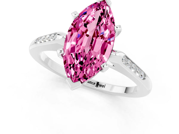 White gold Marquise Cut Pink Sapphire Solitaire Ring with Channel Set Round Band and Prong Setting