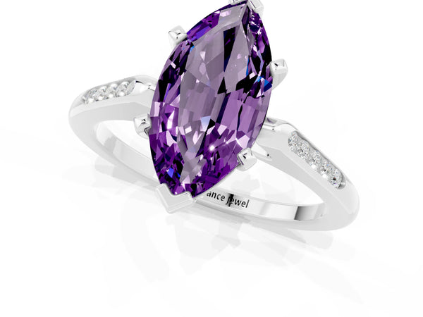 White gold Marquise Cut Amethyst Solitaire Ring with Channel Set Round Band and Prong Setting