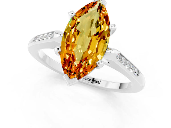 Platinum Marquise Cut Citrine Solitaire Ring with Channel Set Round Band and Prong Setting
