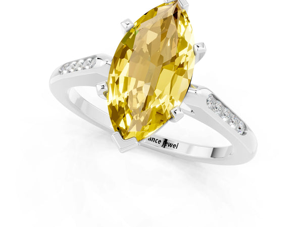 Platinum Marquise Cut Yellow Sapphire Solitaire Ring with Channel Set Round Band and Prong Setting