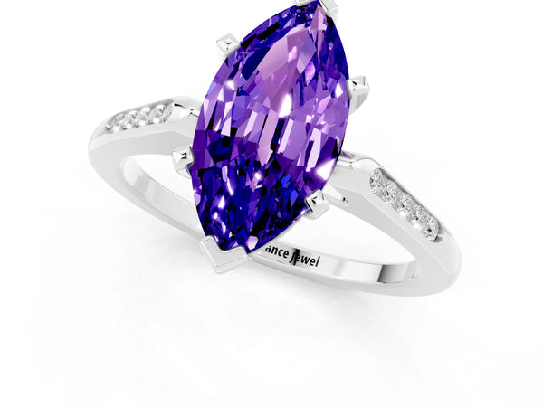 Platinum Marquise Cut Tanzanite Solitaire Ring with Channel Set Round Band and Prong Setting
