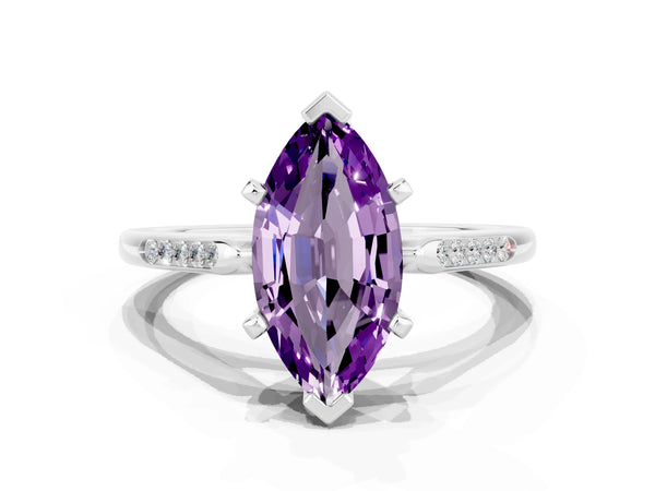 Silver Marquise Cut Amethyst Solitaire Ring with Channel Set Round Band and Prong Setting