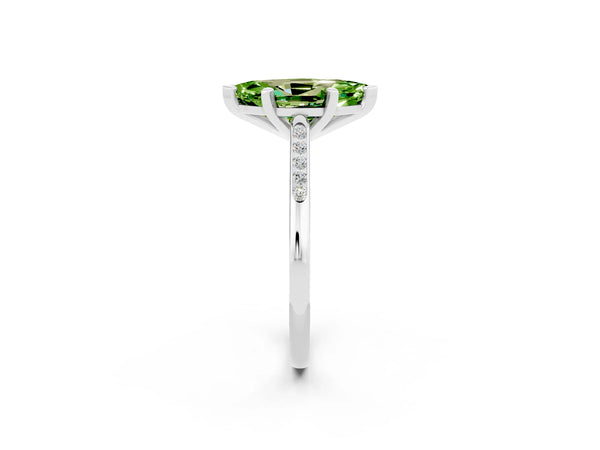 Platinum Marquise Cut Peridot Solitaire Ring with Channel Set Round Band and Prong Setting