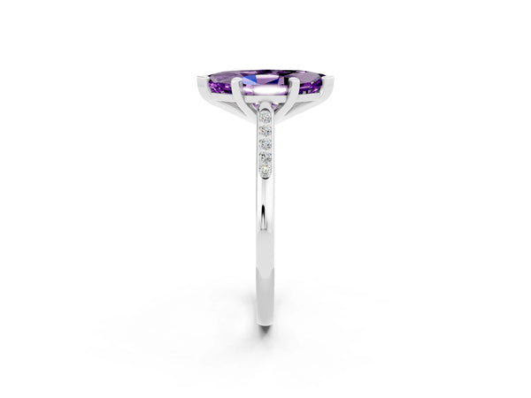 Silver Marquise Cut Amethyst Solitaire Ring with Channel Set Round Band and Prong Setting