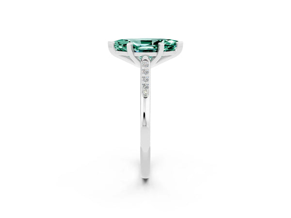 Platinum Marquise Cut Green Sapphire Solitaire Ring with Channel Set Round Band and Prong Setting