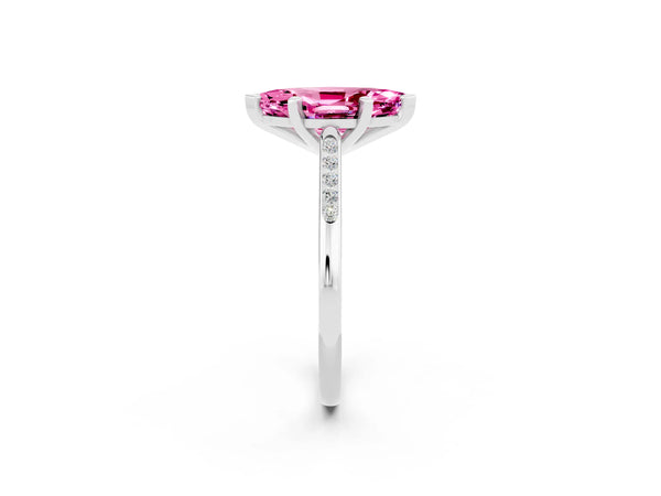White gold Marquise Cut Pink Sapphire Solitaire Ring with Channel Set Round Band and Prong Setting