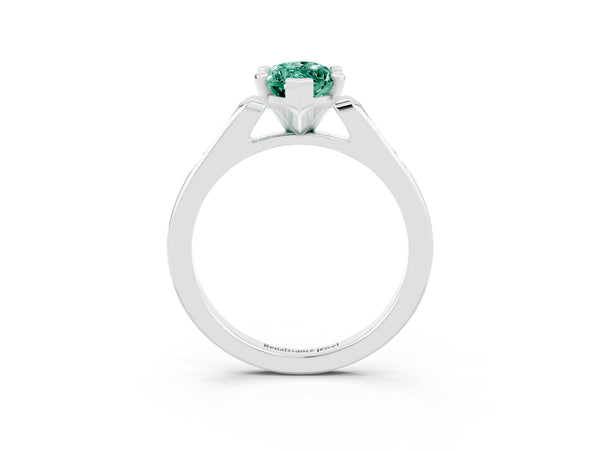 Platinum Marquise Cut Green Sapphire Solitaire Ring with Channel Set Round Band and Prong Setting