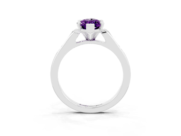 Silver Marquise Cut Amethyst Solitaire Ring with Channel Set Round Band and Prong Setting