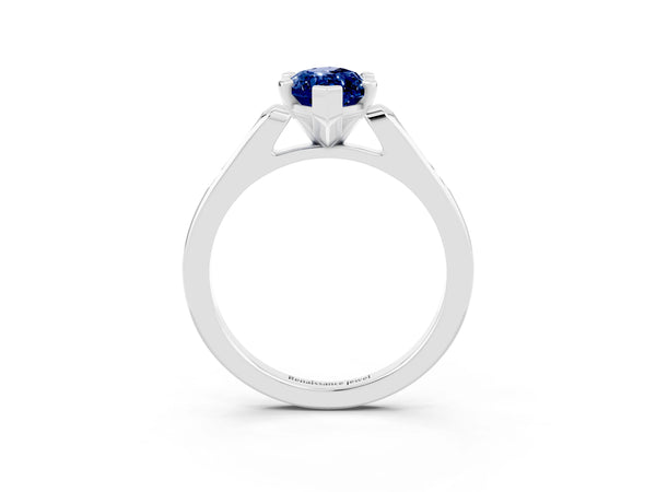 White gold Marquise Cut Blue Sapphire Solitaire Ring with Channel Set Round Band and Prong Setting