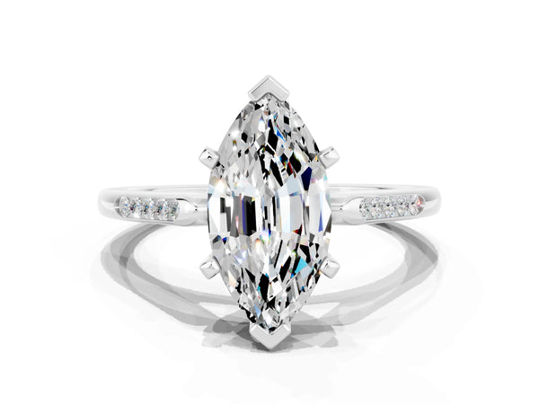 Platinum Marquise Cut Moissanite Solitaire Ring with Channel Set Round Band and Prong Setting