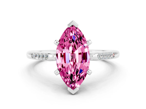 Silver Marquise Cut Pink Sapphire Solitaire Ring with Channel Set Round Band and Prong Setting