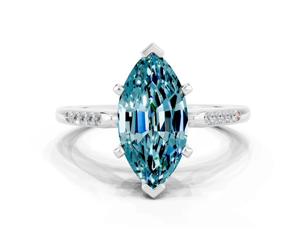 White gold Marquise Cut Blue Topaz Solitaire Ring with Channel Set Round Band and Prong Setting
