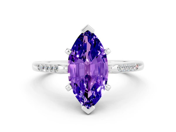 White gold Marquise Cut Tanzanite Solitaire Ring with Channel Set Round Band and Prong Setting