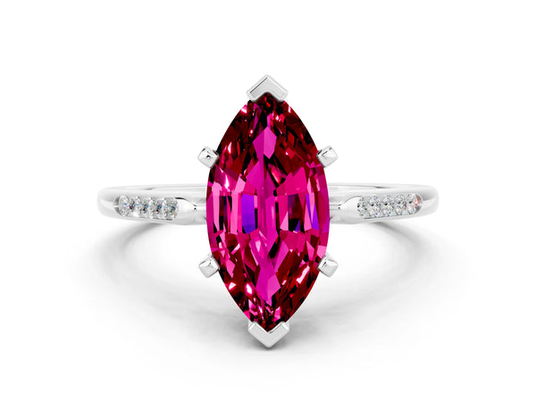 White gold Marquise Cut Garnet Solitaire Ring with Channel Set Round Band and Prong Setting