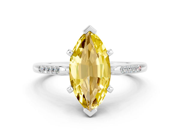 White gold Marquise Cut Yellow Sapphire Solitaire Ring with Channel Set Round Band and Prong Setting