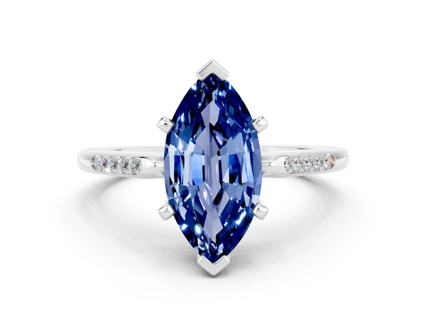 Silver Marquise Cut Blue Sapphire Solitaire Ring with Channel Set Round Band and Prong Setting
