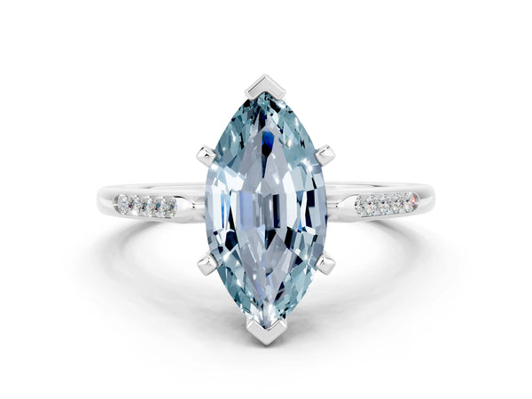 White gold Marquise Cut Aquamarine Solitaire Ring with Channel Set Round Band and Prong Setting