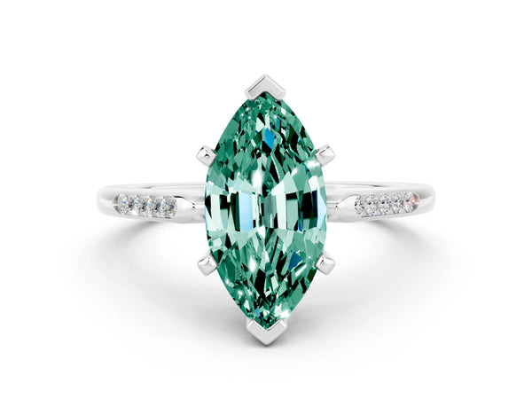 Platinum Marquise Cut Green Sapphire Solitaire Ring with Channel Set Round Band and Prong Setting